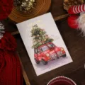 Elegant gold foil Christmas greeting card with a vintage red car and tree design - Christmas Car