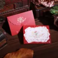 Retro red folding greeting card with floral illustration and matching envelope set - Heart Belongs Style (1213)