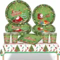 Komplettes grünes Weihnachts-Partygeschirr-Set mit Weihnachtsmann- und Baummotiven - Weihnachtsservietten / 20er Pack