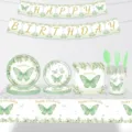 Kit complet vaisselle jetable anniversaire papillon vert avec bannière et assiettes - Set de 9 Pièces Papillon / Pour 16 personnes