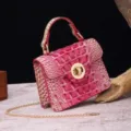 Close-up of pink crocodile embossed pattern and gold clasp on vintage handbag - Gradient Rose + Green