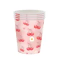 Detail of disposable paper cups featuring a vibrant pink cherry and daisy print - Cherry Paper Cups / Set of 24