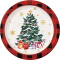 Détail d'une assiette de Noël festive montrant un sapin et un bord à carreaux - Assiettes 7 Pouces / Lot de 16