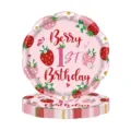 Vue détaillée des assiettes jetables fraise pour le premier anniversaire avec bord festonné - Assiettes de 7 pouces / Assiettes 7 Pouces*24