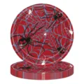 Detailansicht gestapelter Halloween-Pappteller mit rotem und blauem Spinnennetz-Design - 9 Zoll Teller (24er Pack)