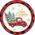 Vue détaillée d'une assiette de Noël festive avec carreaux rouges et flocons dorés - Assiettes 9 Pouces / Lot de 16