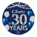 Décoration ronde bleu et argent pour 30e anniversaire festif avec Cheers to 30 Years - 30ème Anniversaire Assiettes en Papier 7 Pouces / Lot de 16