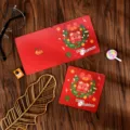Festive square folding red Christmas greeting card featuring a cute cartoon bear wreath design - Christmas Wreath Style / 10 Sheets Set