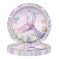 Détail exquis du motif queue de sirène et méduse sur assiettes en papier violettes. - 24 Pièces/Paquet (Assiettes de 9 Pouces)