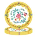 Detailansicht von Vintage-Papptellern mit Blumenmuster und gelbem Wellenrand für Boho-Partys - 7 Zoll Teller*24