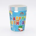 Vue rapprochée de gobelets en papier thème anniversaire bleu avec texte joyeux - 24 Gobelets en Papier