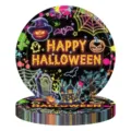 Vue détaillée d'assiettes en carton Halloween colorées avec motifs néon effrayants - Assiette 9 Pouces (2022032815) / Lot de 24