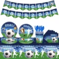 Full view of 2026 soccer theme party supplies set with goal plates and banners. - 16-Person Football Tableware 10-Piece Set / Set