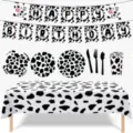 Ensemble complet de vaisselle de fête imprimé vache avec bannière assiettes et couverts - Ensemble Vaisselle Vache 9 Pièces / Ensemble de 9 Pièces / Motif Vache Noir et Blanc