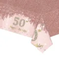 Gros plan d'une nappe rose gold pour 50e anniversaire avec motif pailleté - Nappe 40ème Anniversaire / 137x274cm
