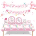 Kit de décoration de fête de naissance éléphant rose avec vaisselle et bannière - Ensemble de 9 pièces / Ensemble