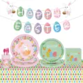 Set de vaisselle de Pâques jetable avec assiettes lapin, serviettes, bannière et nappe - Ensemble de Fête Complet