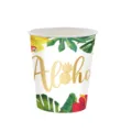 Vue détaillée d'un gobelet en papier jetable avec motif tropical Aloha et palmier. - Gobelets Hawaïens (16 Pièces)