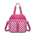 Vista detallada frontal de bolsa de gimnasio impermeable a cuadros rosa fucsia - Bolso Tote (MG8026) / Cuadros Rosa