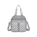 Vista frontal de la bolsa de viaje impermeable a cuadros grises multi-bolsillo - Bolso Tote (MG8026) / Cuadros Gris Claro