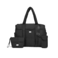 Zwarte gewatteerde puffer handtas set met schouderriem van waterdicht nylon. - Zwart 3-Delige Set / Zwart