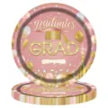 Detailansicht rosa Abschluss-Pappteller mit goldenem Hut und Ballon-Design-Muster - Rosa Abschluss 7-Zoll Teller 16 Stück/Packung
