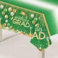 Détail de la nappe de remise des diplômes verte avec paillettes dorées et ballons. - 137x274cm / Remise des Diplômes Vert