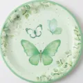 Détail d'une assiette en carton avec un élégant motif de papillon vert et de feuilles. - Assiettes 7 Pouces / Lot de 16