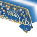 Nappe de remise des diplômes bleu et or avec ballons et motifs de chapeaux de diplômé. - 137x274cm / Remise des Diplômes Bleu