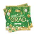 Détail de serviette de fête remise de diplômes verte avec GRAD pailleté doré et toque - 20 Pièces (Serviettes)