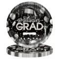 Vue détaillée des assiettes de remise des diplômes noir et argent avec motif chapeau - Assiette en Papier Ronde (9 Pouces) / Lot de 16