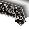 Détail de la nappe jetable en PE noir et argent pour une fête de remise de diplôme - 137x274cm / Graduation Noir