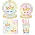 Ensemble complet de vaisselle de fête licorne arc-en-ciel avec assiettes, tasses et serviettes - Lot de 9 Pièces Licorne de Couleur pour 24 Personnes / Sans paille