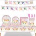 Set de table licorne arc-en-ciel avec bannière d'anniversaire assiettes et tasses - Nouvel Ensemble de 9 Pièces Licorne / 16 Personnes Sans Pailles
