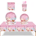 Kit déco de fête donuts rose avec assiettes tasses serviettes et nappe pour filles - Ensemble de 9 Pièces