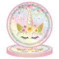 Vue détaillée des assiettes en papier jetables à thème licorne pour fête d'anniversaire - Nouvelle Licorne / Assiette de 7 Pouces (Paquet de 16)