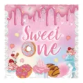 Vue détaillée de la bannière de fond rose sur le thème des donuts Sweet One Party - Serviettes / Paquet de 20