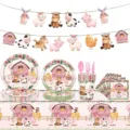 Set de fête animaux de la ferme rose aquarelle avec assiettes, gobelets et bannière - Ensemble de Fête Complet 9 Pièces
