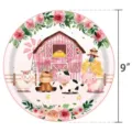 Détail d'une assiette en carton de 9 pouces thème ferme rose avec fleurs et animaux - Assiettes 9 Pouces x 24 Pièces