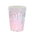 Détail de gobelets en papier jetables avec dégradé rose et motif gouttelettes pailletées argentées. - Tasse en papier / Lot de 24