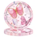 Detaillierte Ansicht der rosa Einweg-Partyteller mit Schmetterlings- und Rosenmotiv - Schmetterling Thema 7 Zoll Teller (16er Pack)