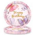 Detailansicht der pinkfarbenen Schmetterlings-Einwegpapierteller für Geburtstage - Schmetterling Thema 9 Zoll Teller (16er Pack)