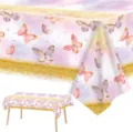 Einweg-Tischdecke mit rosa Aquarell-Schmetterlingsmuster und Goldglitzer-Rand - Schmetterling Thema Tischdecke (130x220cm)