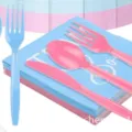Set de couverts et serviettes jetables en plastique bleu et rose pour fête de piscine enfant - Couteaux en Plastique / Lot de 24