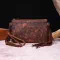 Bolso bandolera bohemio vintage grabado con flecos en estilo de cuero marrón - Marrón Rojo