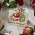 Tarjeta de felicitación de Navidad vintage ilustrada con Papá Noel y cajas de regalo - Colección de Navidad - Bendición en Bolsa de Regalo