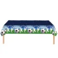 Detailed view of soccer theme party tablecloth with goal and stadium pattern design. - Soccer Tablecloth / 137x274cm