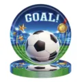 Detailed view of soccer themed disposable paper plates for sports party decorations - 9 Inch Plate / 16 Pieces Pack