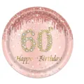 Assiette en papier jetable 9 pouces or rose 60e anniversaire, décor à paillettes - Assiette 60ème Anniversaire / 9 Inch (16 Pieces/Pack) / Or rose