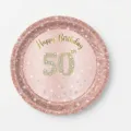 Vue détaillée d'une assiette en carton or rose de 7 pouces pour le 50e anniversaire - Assiette 50ème Anniversaire / 7 Pouces (16 Pièces/Paquet) / Or rose